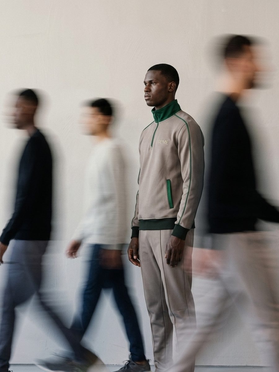 Nude tracksuit in stone with green trims, worn