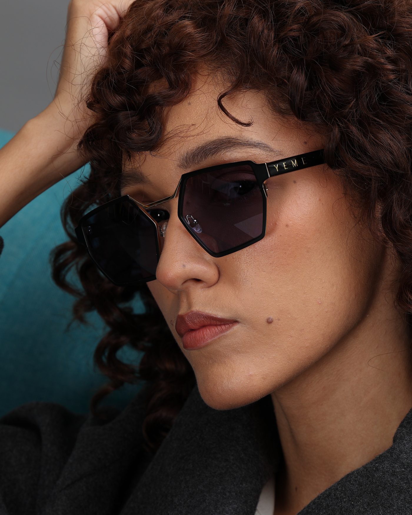 Close-up of a woman wearing Venom sunglasses