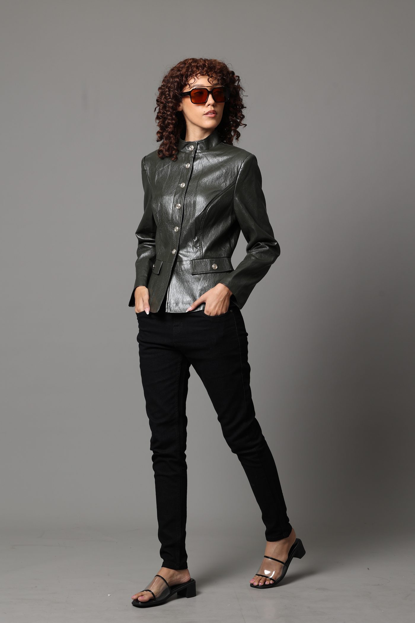Ice — Amber, full look with a leather jacket