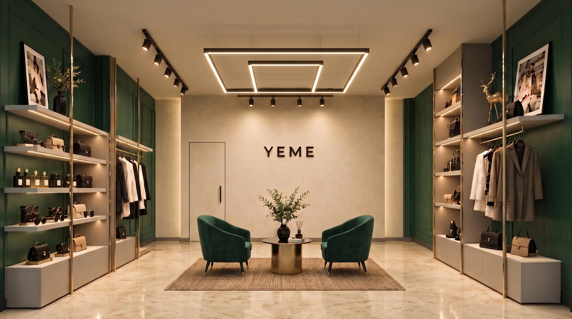 Interior of the YEME store in Bengaluru with green walls and backlit shelves