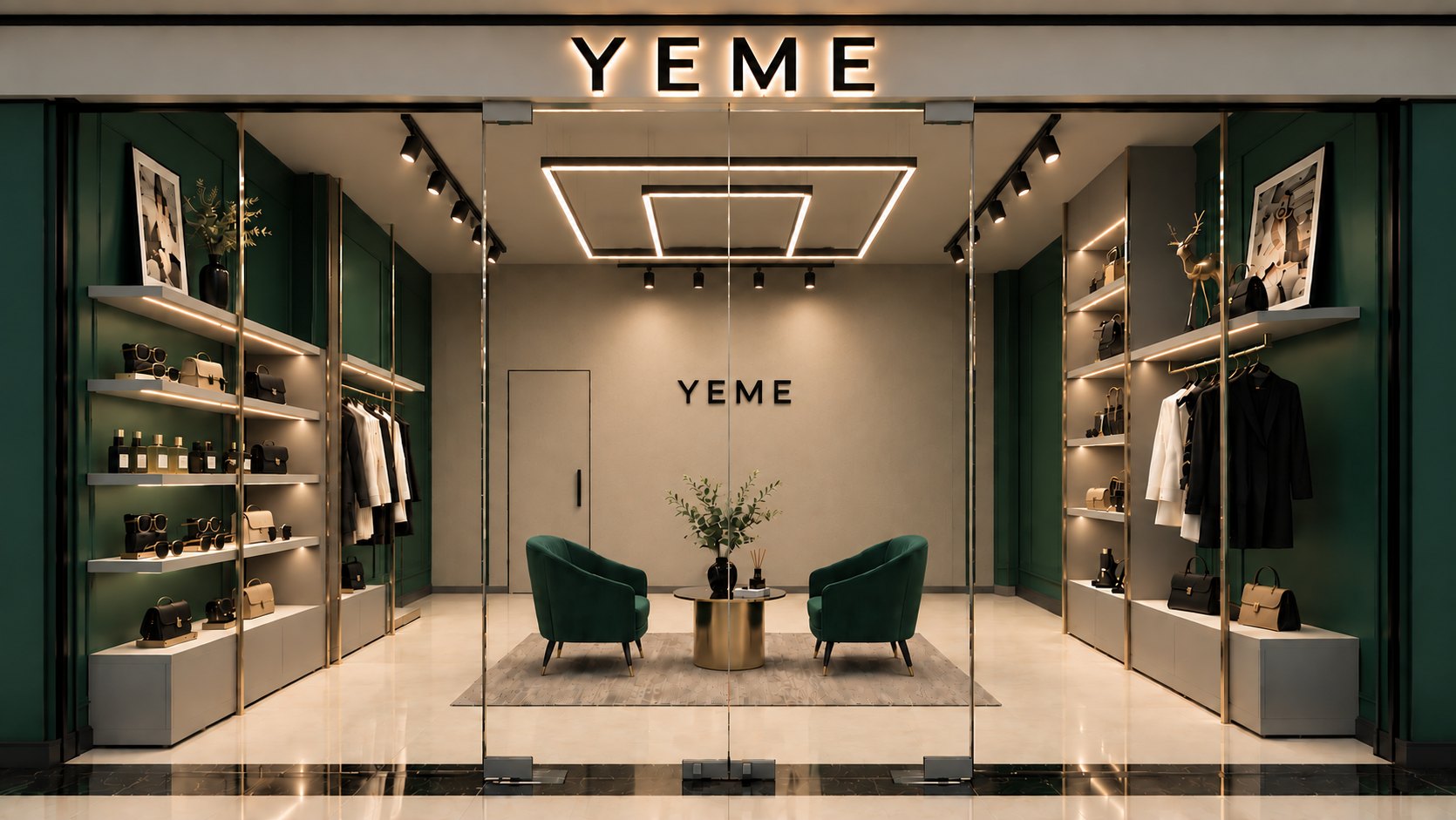 The YEME store front at night with the backlit YEME sign